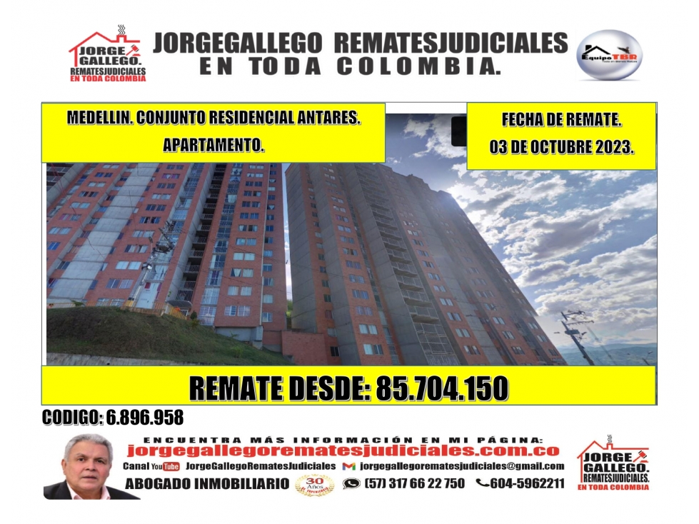 Remate. Medellin Conjunto Residencial Antares. Apartamento