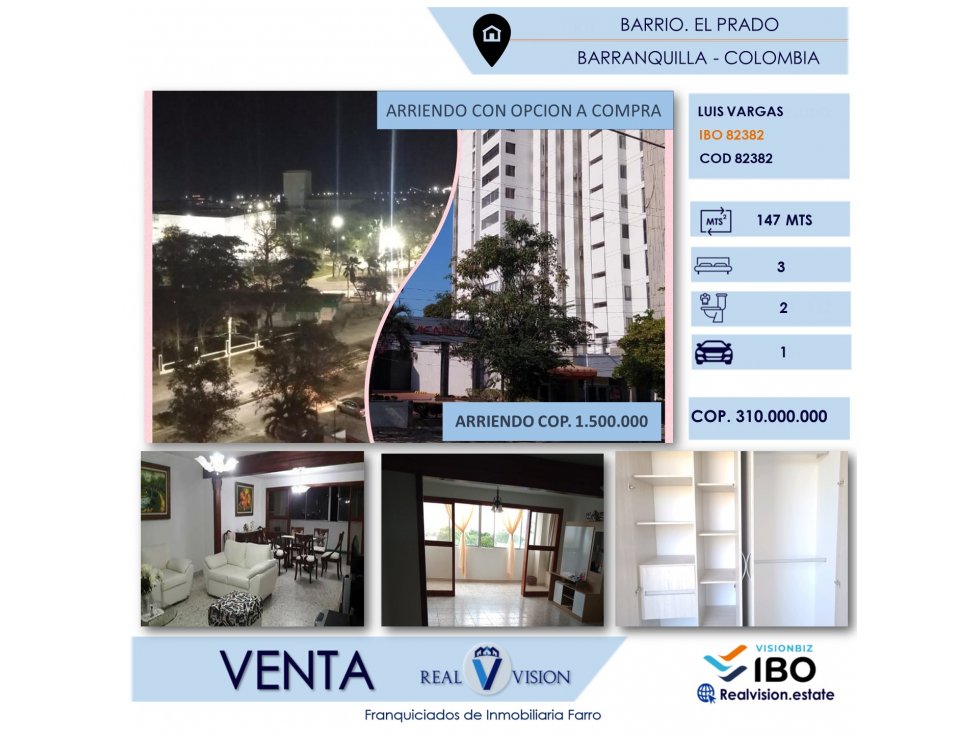 Real Vision vende Apartamento Prado, Barranquilla  ( IBO 82382 )
